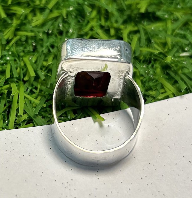 Solid 925 Sterling Silver Natural Red Garnet Emerald Cut Statement Handmade Ring