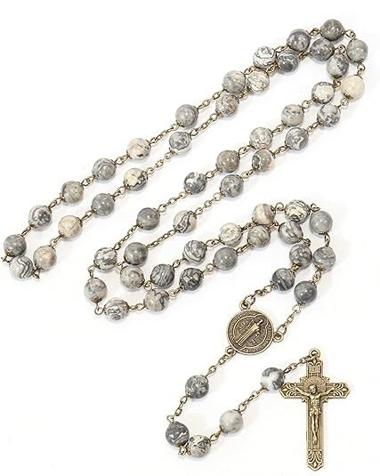Natural Map Stone Rosary Beads Necklace St. Benedict Cross and Medal
