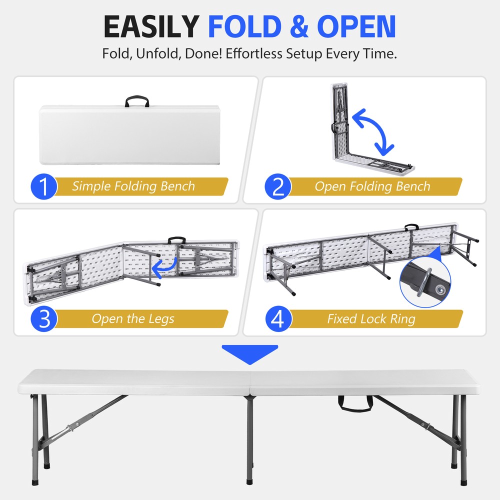 6ft Plastic Folding Bench 2 Pack Portable Waterproof Dining Seat w/ Handle White