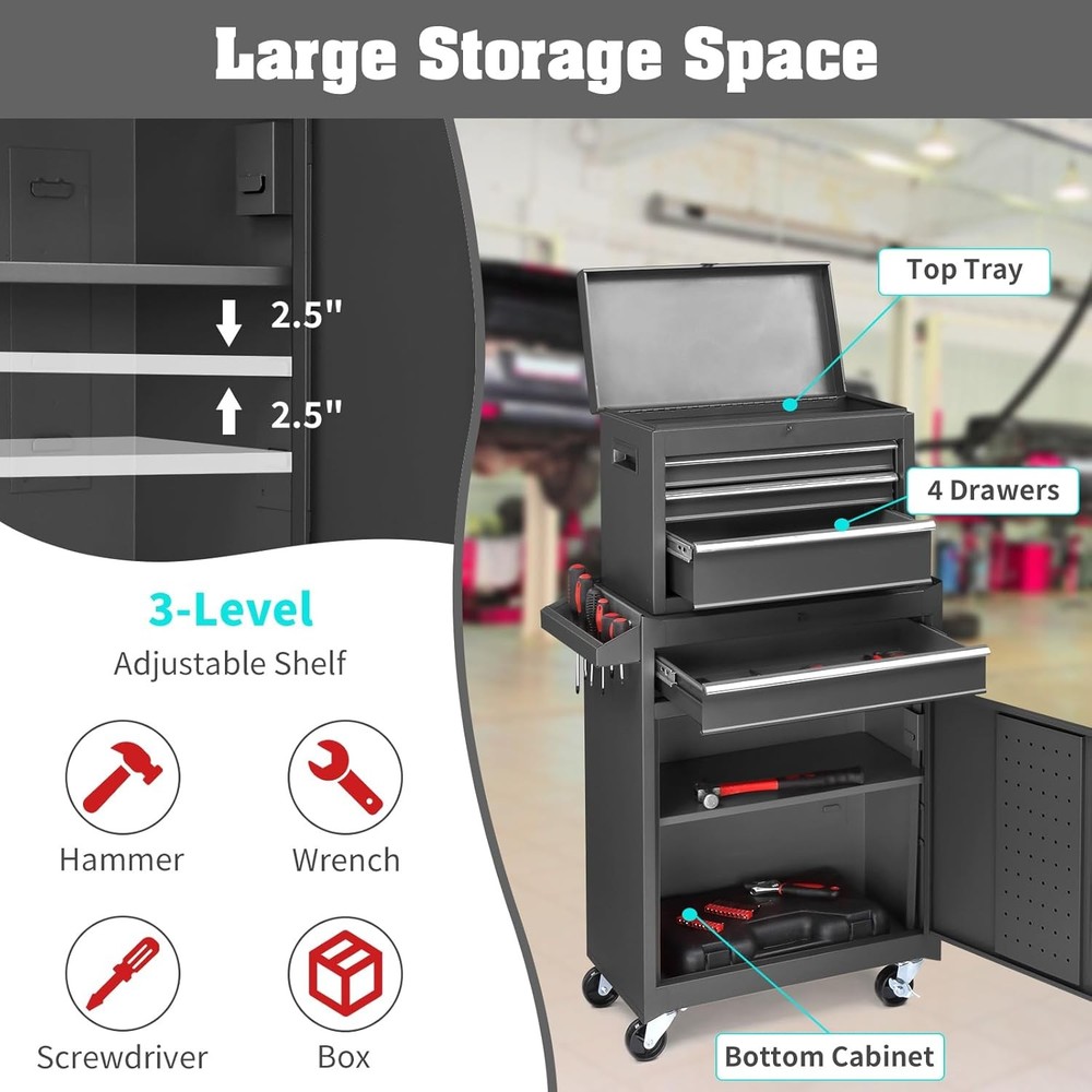 4-Drawer Rolling Tool Chest Detachable Tool Box Storage Cabinet Adjustable Shelf