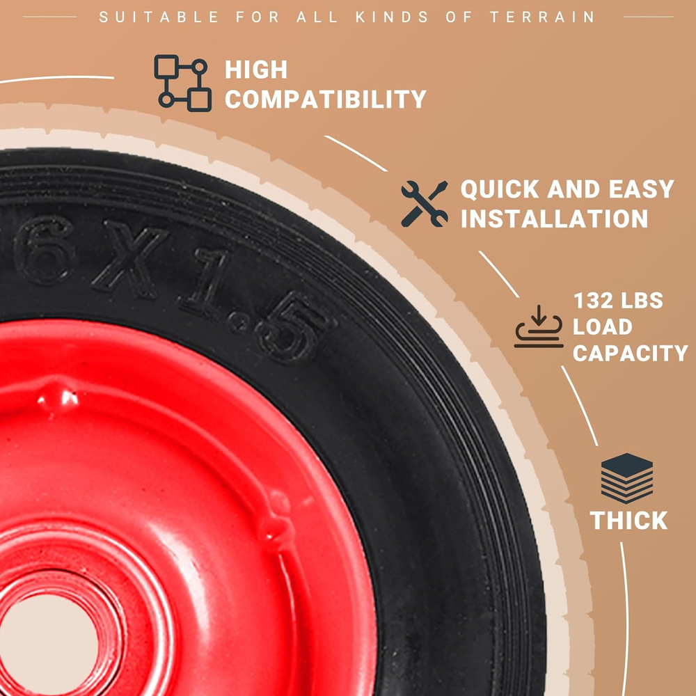 (2-Pack) 6” X 1.5” Flat Free Solid Rubber Wheel Assemblies - Replacement Hand T