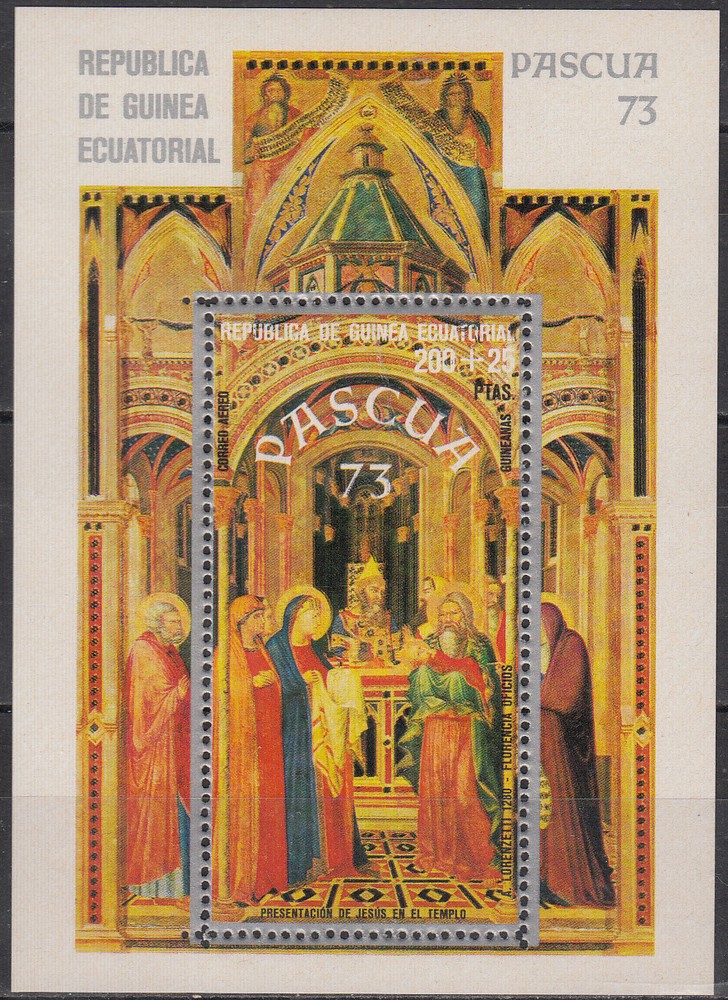W EQUATORIAL GUINEA 0252-B68 EASTER 1973 PAINTINGS PERFORATED SOUVENIR SHEET