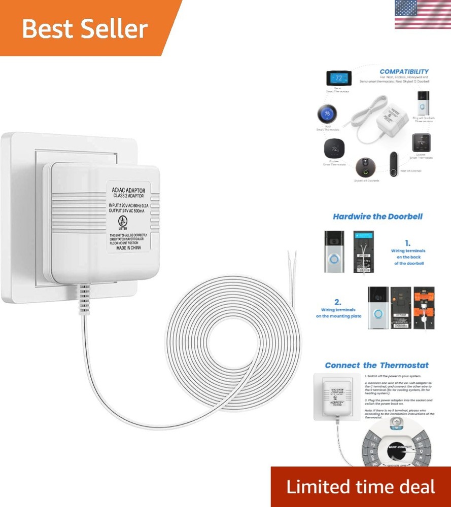 Long Cable 24V Doorbell Power Adapter -  Certified for Safety & Compatibility