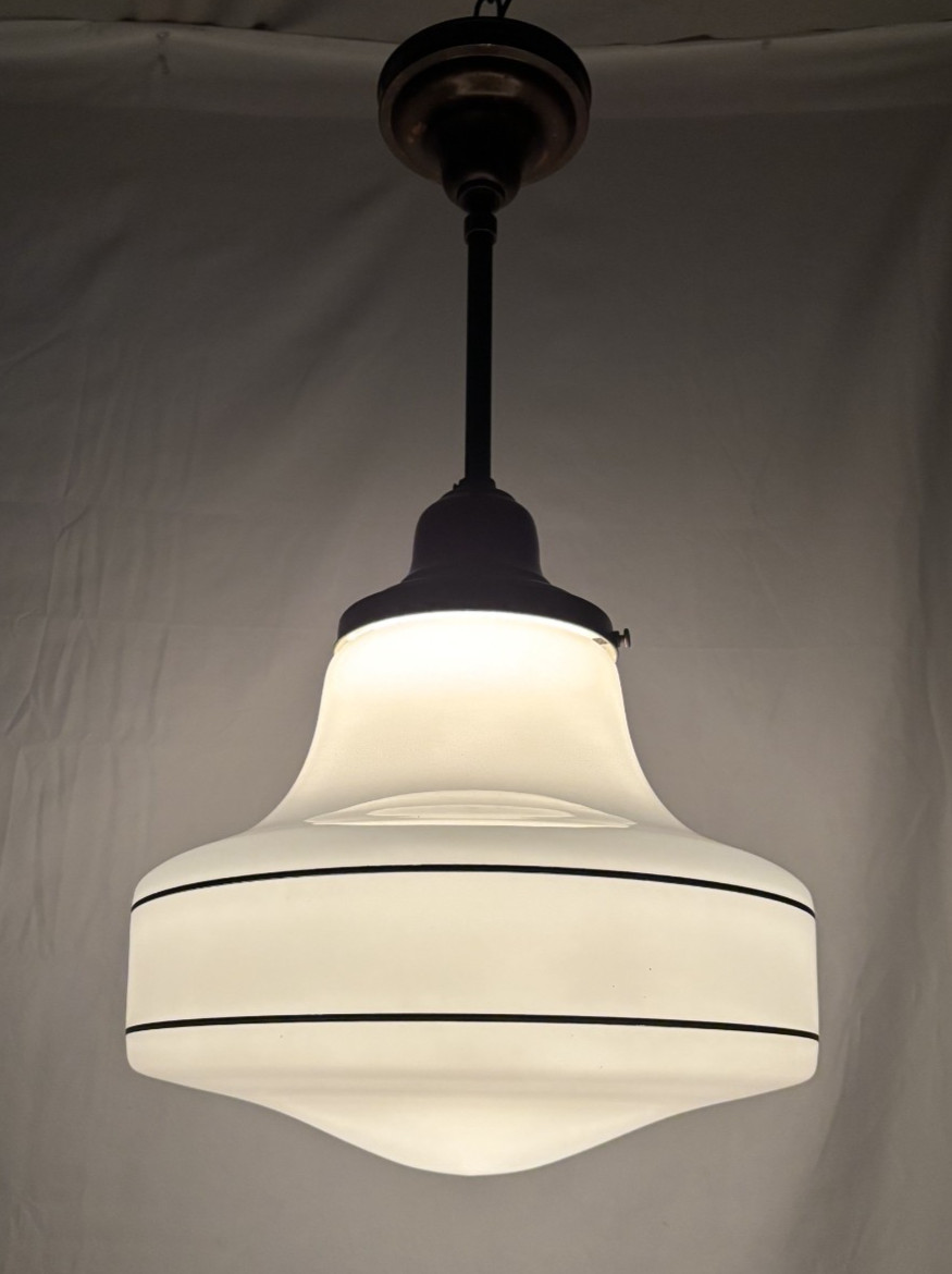 Schoolhouse Ceiling Light Fixture Vtg Art Glass Shade Black Stripes USA #L43