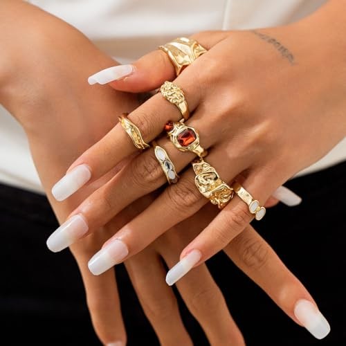 Chunky Gold Ring Set for Women Stackable Thick Gemstone Rings Pack Gold C