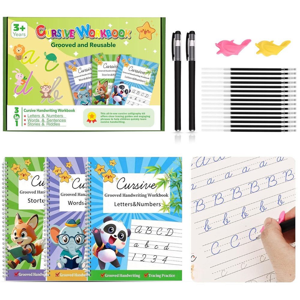 3 Pack Grooved Cursive Handwriting Workbooks - Magic Ink Disappearing Cursive Tr