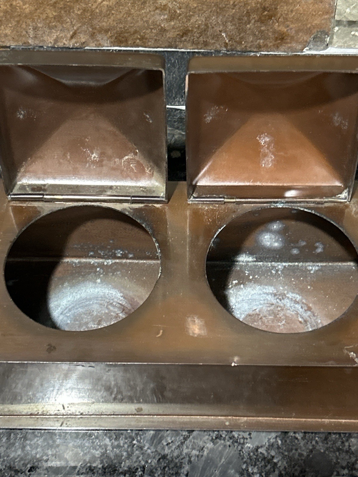 Antique Copper Brass Double Inkwell Desk Set Arts Crafts Glass Inserts