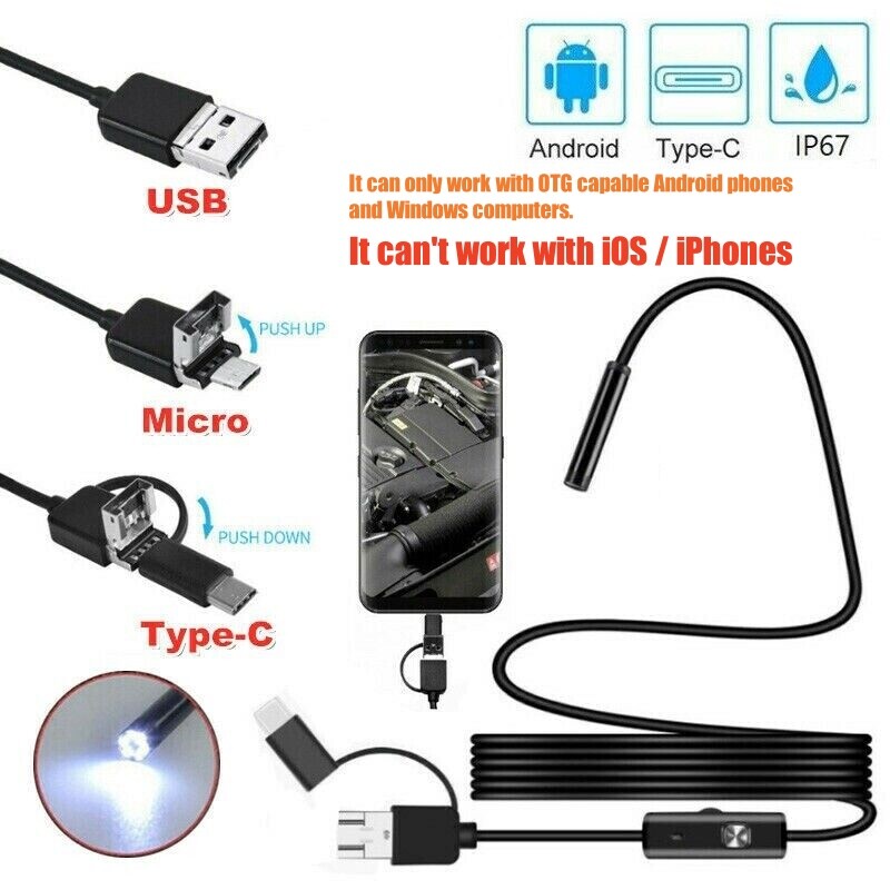USB Type C Endoscope Borescope Snake Inspection Camera 3 in 1 for Android System