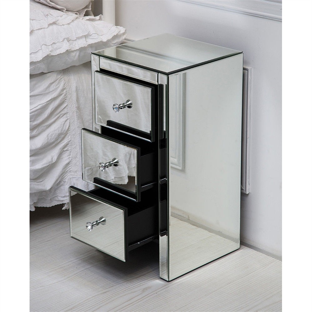 3-Drawer Mirrored Glass Bedside Table - Size S Bedroom Storage