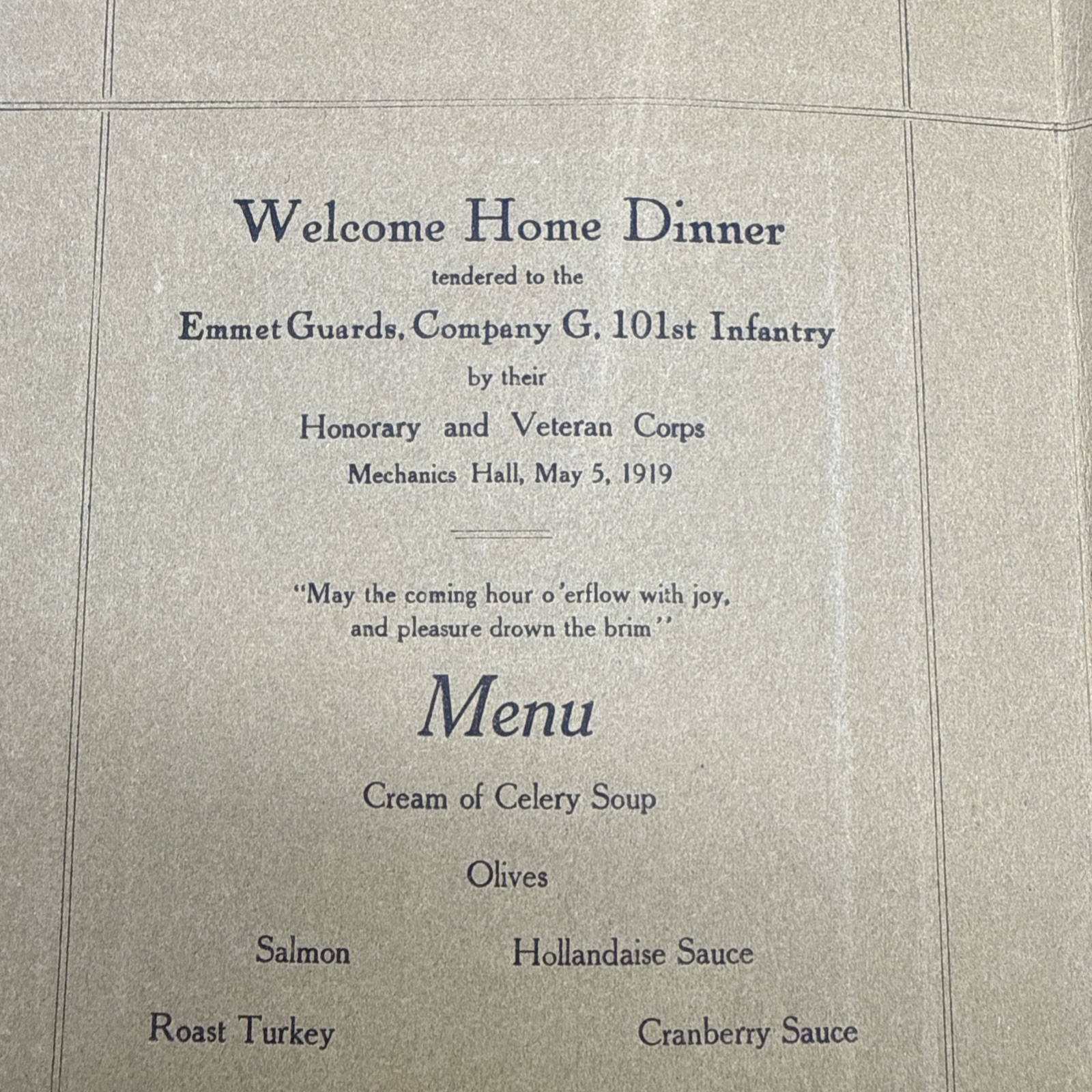 WWI 1919 Welcome Home Dinner Tribute Co. G 101st Infantry 26th Division menu YD