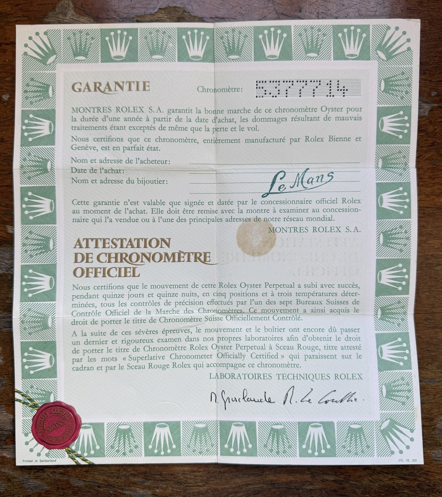 Vintage genuine Rolex  Guarantee Date 1500
