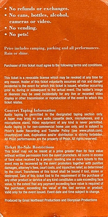 PHISH NYE 2000 BIG CYPRESS DEC. 30 & 31, 1999 TOUR BACKSTAGE STUB No. 2 / EX