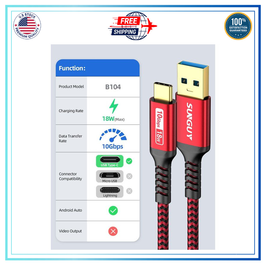USB C Android Auto Cable 1FT, 3A USB a to C USB 3.1 USB 3.2 Gen2 10Gbps Data