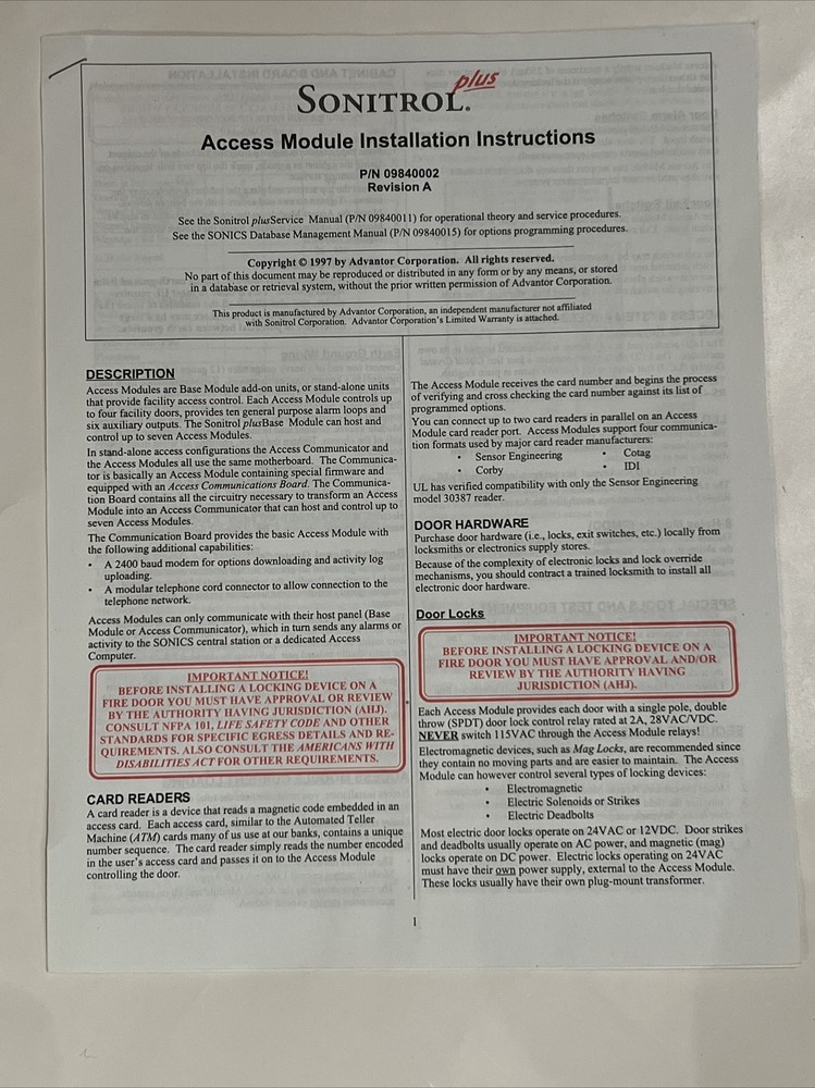 Sonitrol Plus Access Module P/N 09840002 Revision A Access4-S