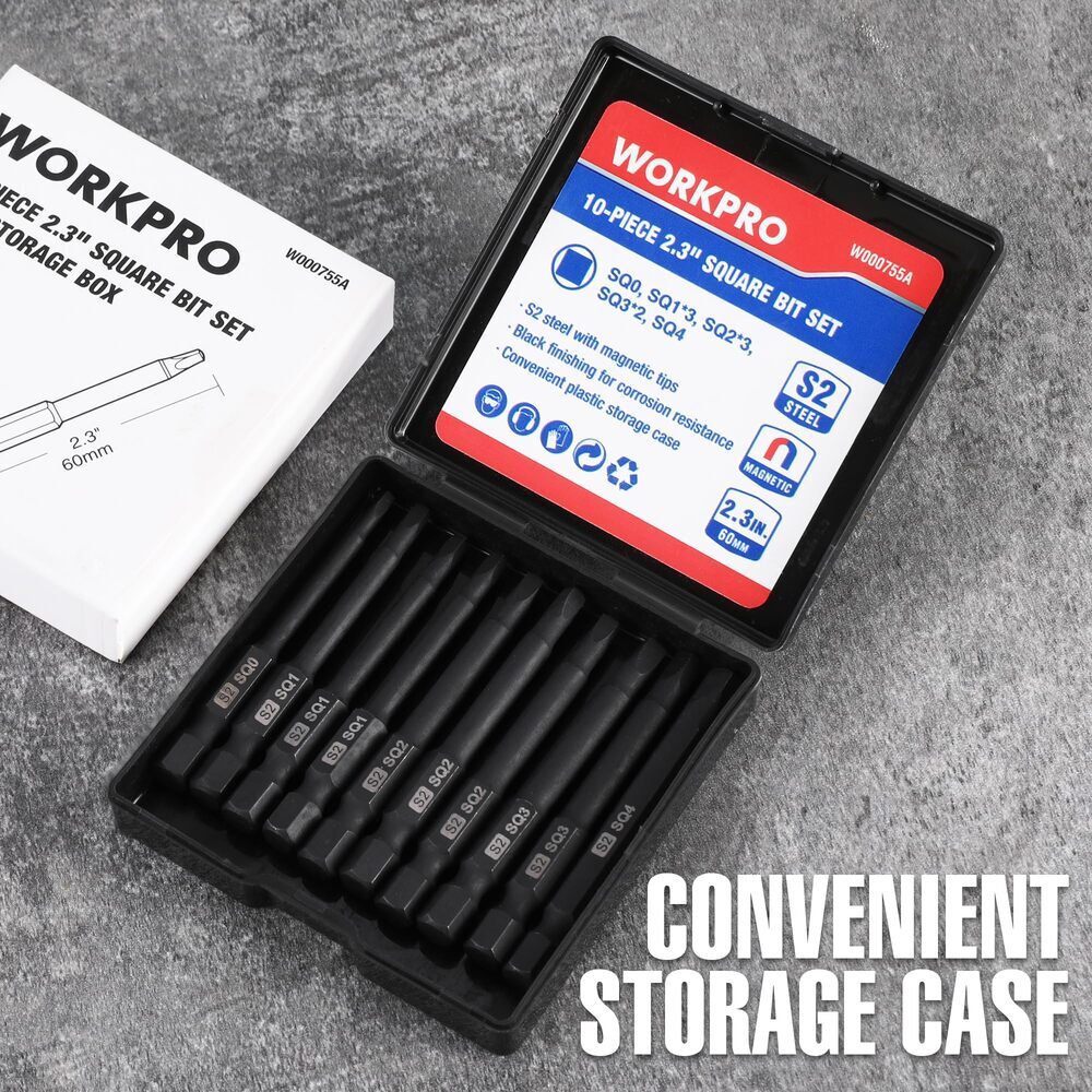 WORKPRO 10 Pcs Magnetic Square Bit Set 2.3 Inch Long Screwdriver Bits Set w/ Box