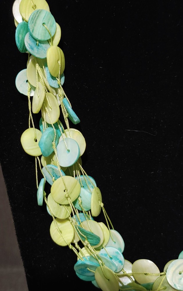 Hand Made Statement Necklace with Blue and Green Dyed MOP Discs on Green String