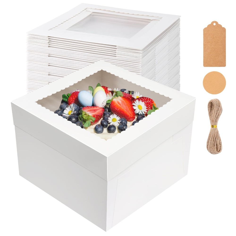 30 Pcs Cake Boxes 12x12x8 Inch White Bakery Boxes with Window Cake Containers...