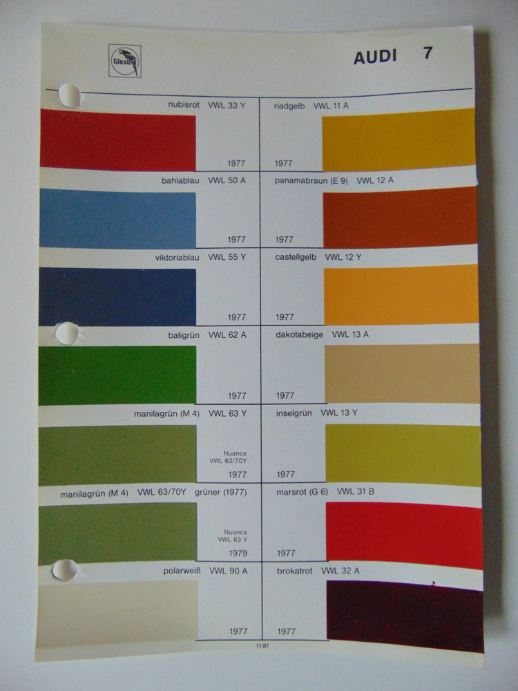 Original Glasurit Audi Paint Chips Sheet - 1977-1979