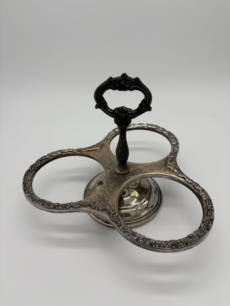 Vintage Sheridan silver-plated condiment caddy with ornate scrollwork