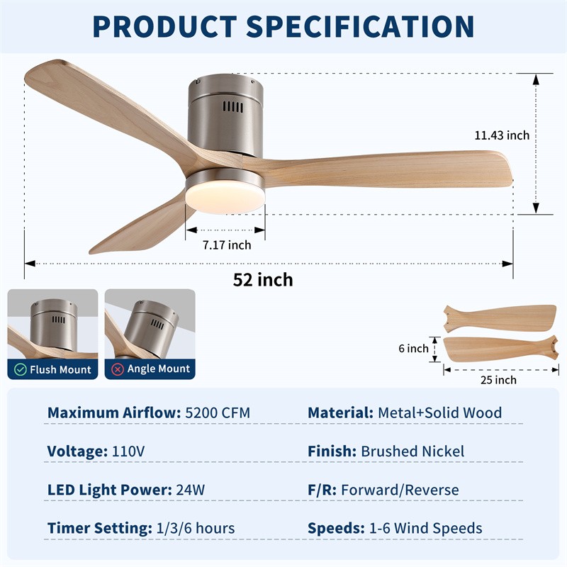 52" Modern Flush Mount Solid Wood Ceiling Fan Reversible w/Wall Switch/Remote