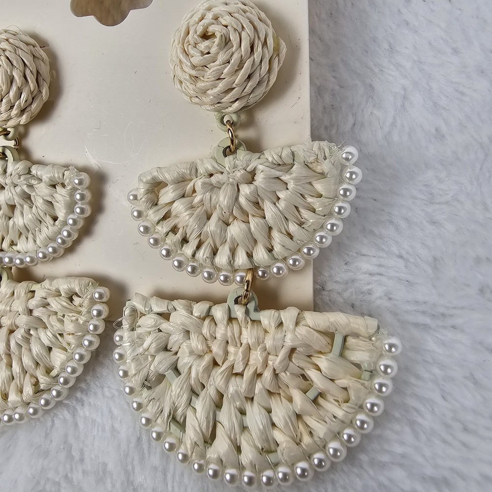 On 34th White Woven Statement Earrings Boho Raffia Beaded