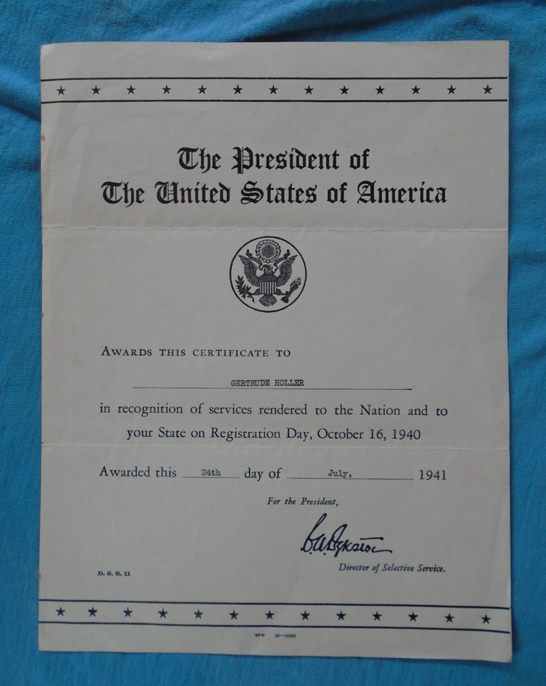US Award Certificate for services rendered on Registration Day, 1940
