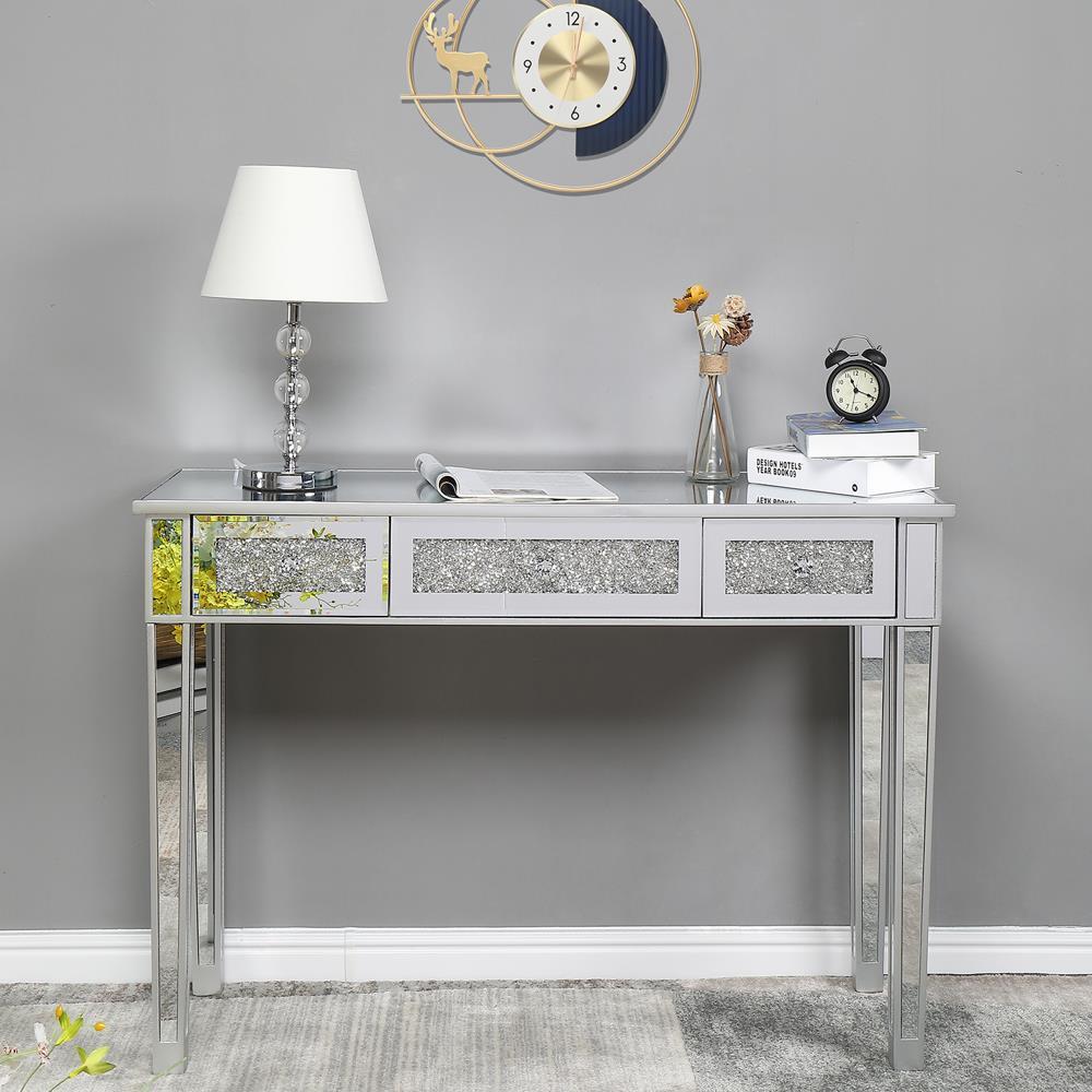 Modern Console Table Mirrored Vanity Table Makeup Desk Diamond w/ 3 Drawers