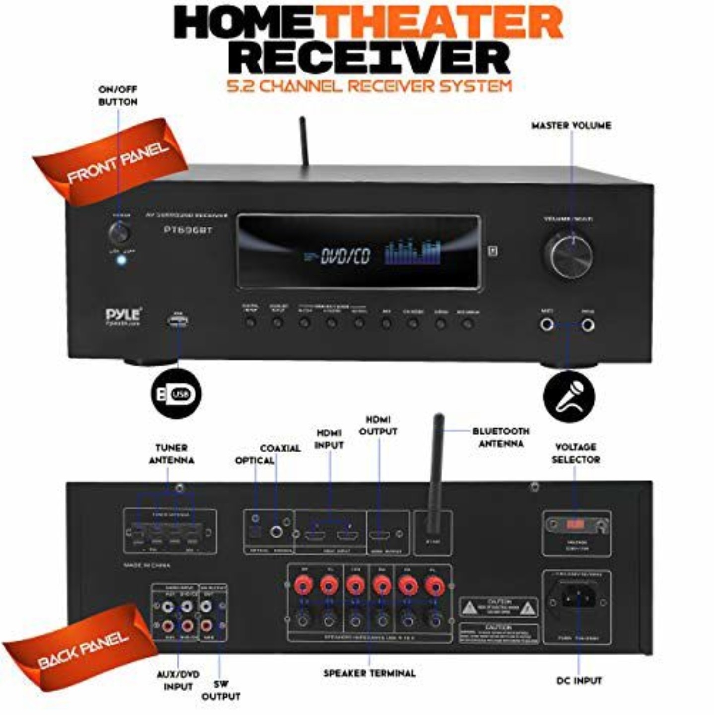 Pyle PT696BT 5.2-Channel Wireless Home Theater Receiver Bluetooth Audio Video