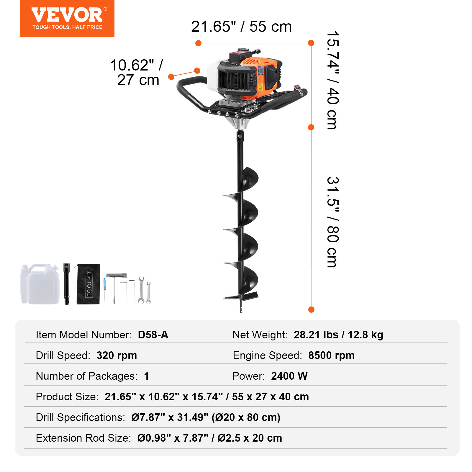 VEVOR 63CC 2400W Gas Post Hole Digger with 8-Inch Drill Bits