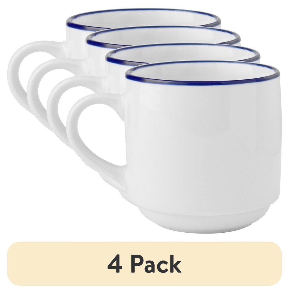 (4 pack 11oz Blue Rim Stoneware White Mug