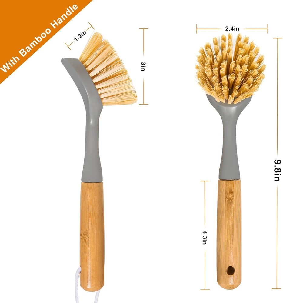 2 Pack Kitchen Dish Brushes with Bamboo Handle, Dish Scrubber Built-in Scraper,