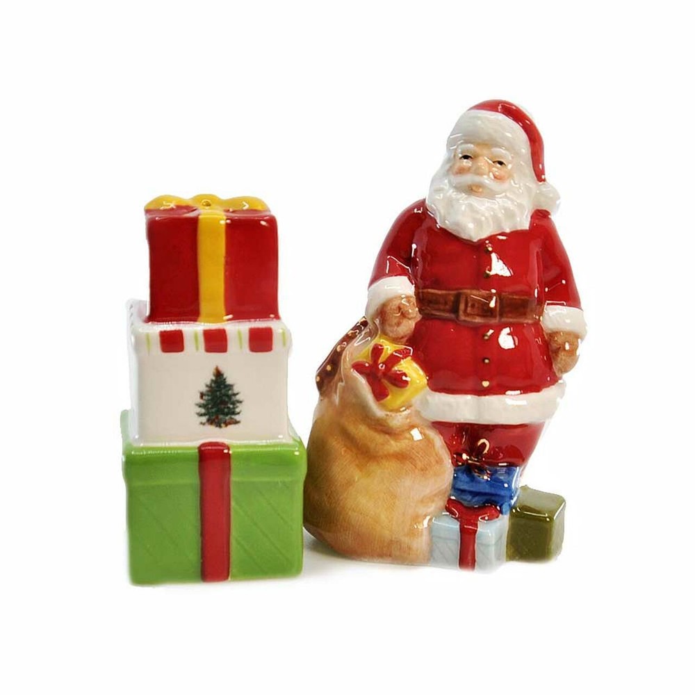 Spode Christmas Tree Salt & Pepper Set, Earthenware Figurines Santa & Giftboxes