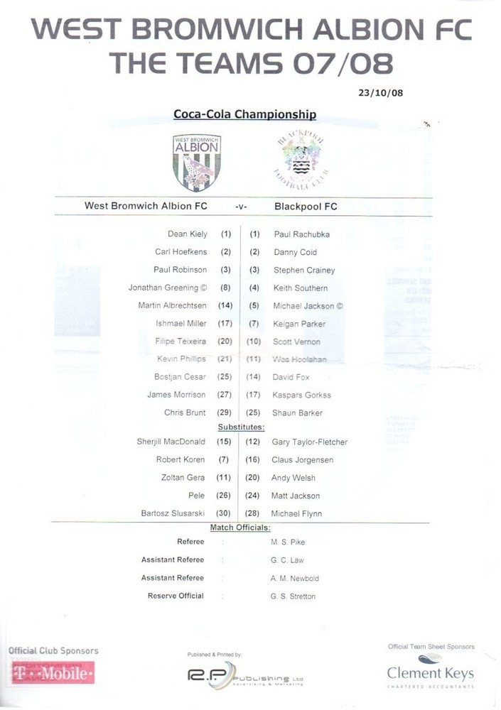 Team Sheet - West Brom v Blackpool 23.10.2008