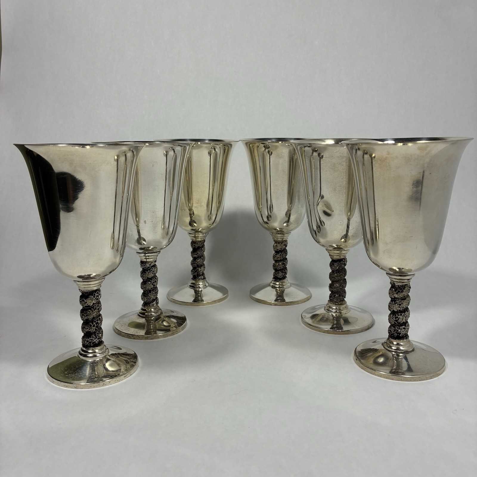 6 Vintage Silver Plated Wine Goblets Spanish Twisted Grapevine Stem Cups Clean