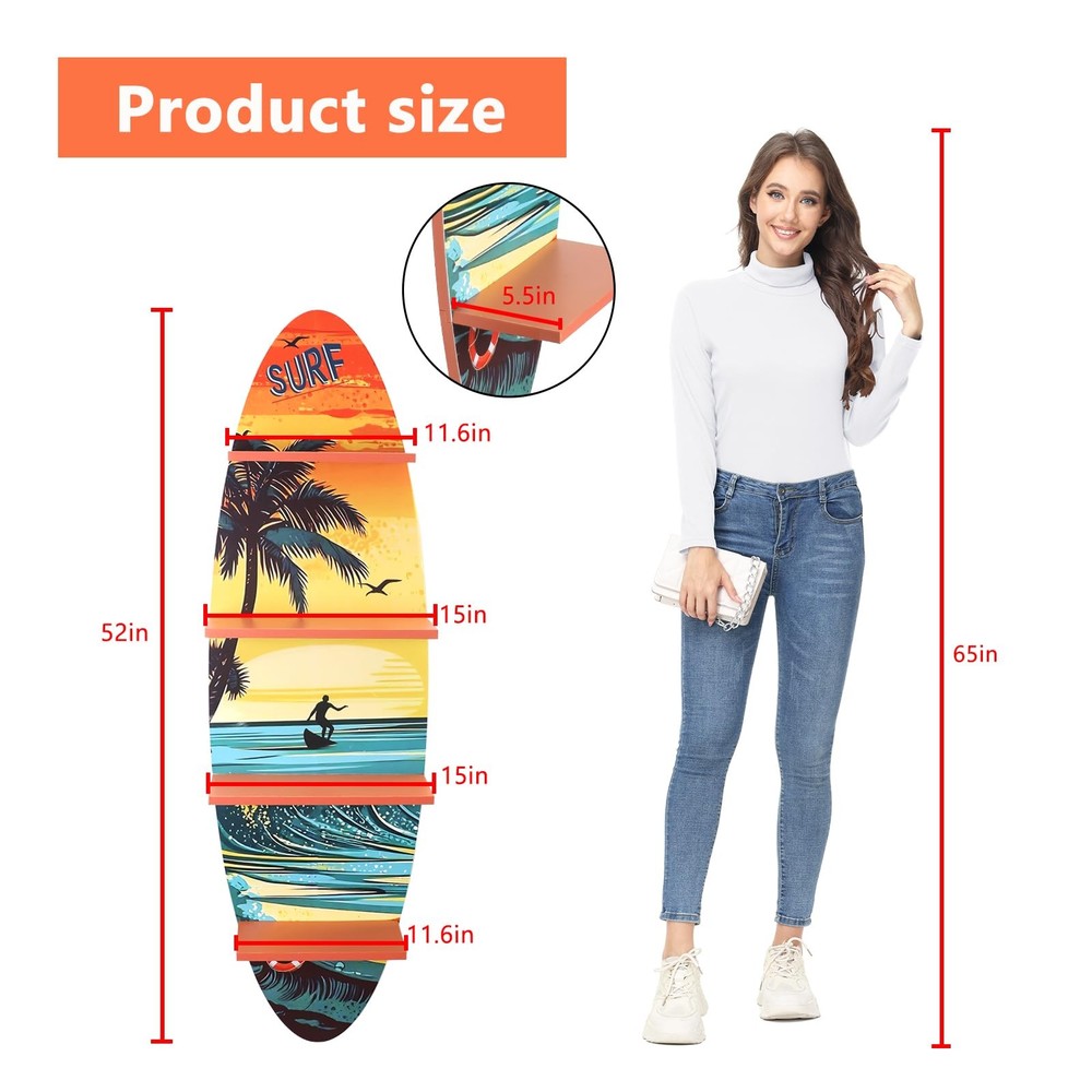 Creative Surfboard Wall Shelf for Wall Decor & Storage, Vertical Floating She...