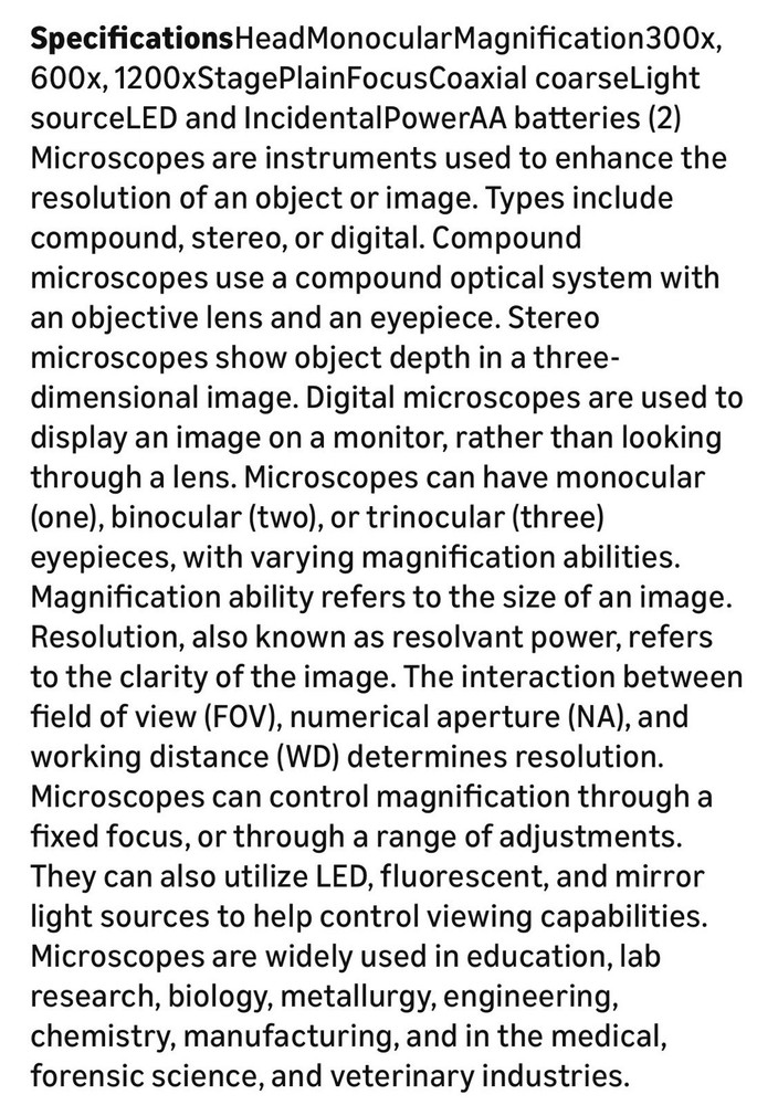 AmScope 52pc 120X-1200X Kids Starter Compound Microscope Portable Science Kit
