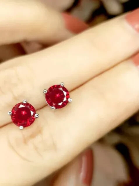 2Ct Lab Created Red Ruby Stud Earrings 14K White Gold Round Cut 7Mm Push Back
