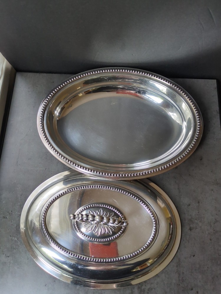 Birks Silver Plate Oval Covered Serving Entree Dish Bowl Bead England EP-NS