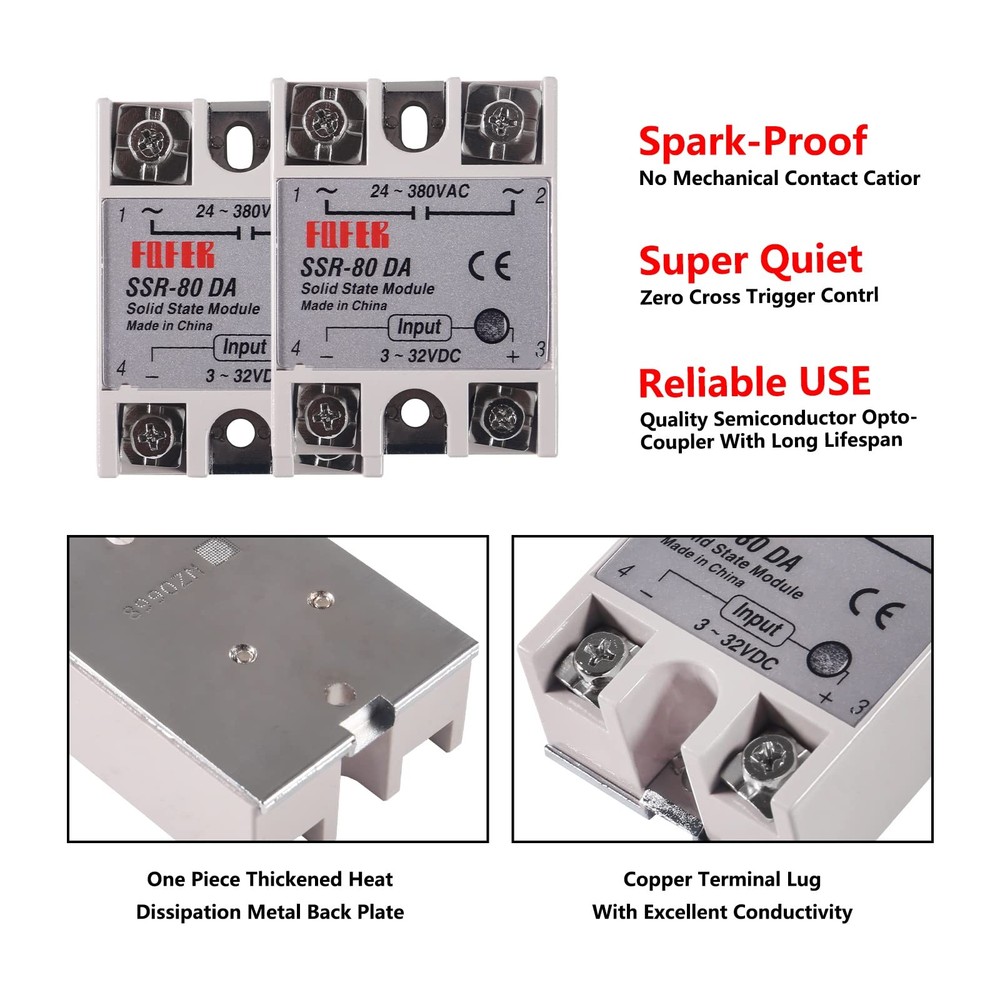 2pcs SSR-80DA Solid State Relay DC to AC Input 3-32V DC Output 24-380V AC 80A