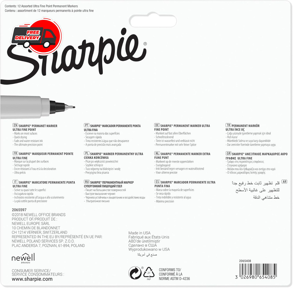 Sharpie 37175PP Permanent Markers, Ultra-Fine Point, Assorted Colors, 12 Pack