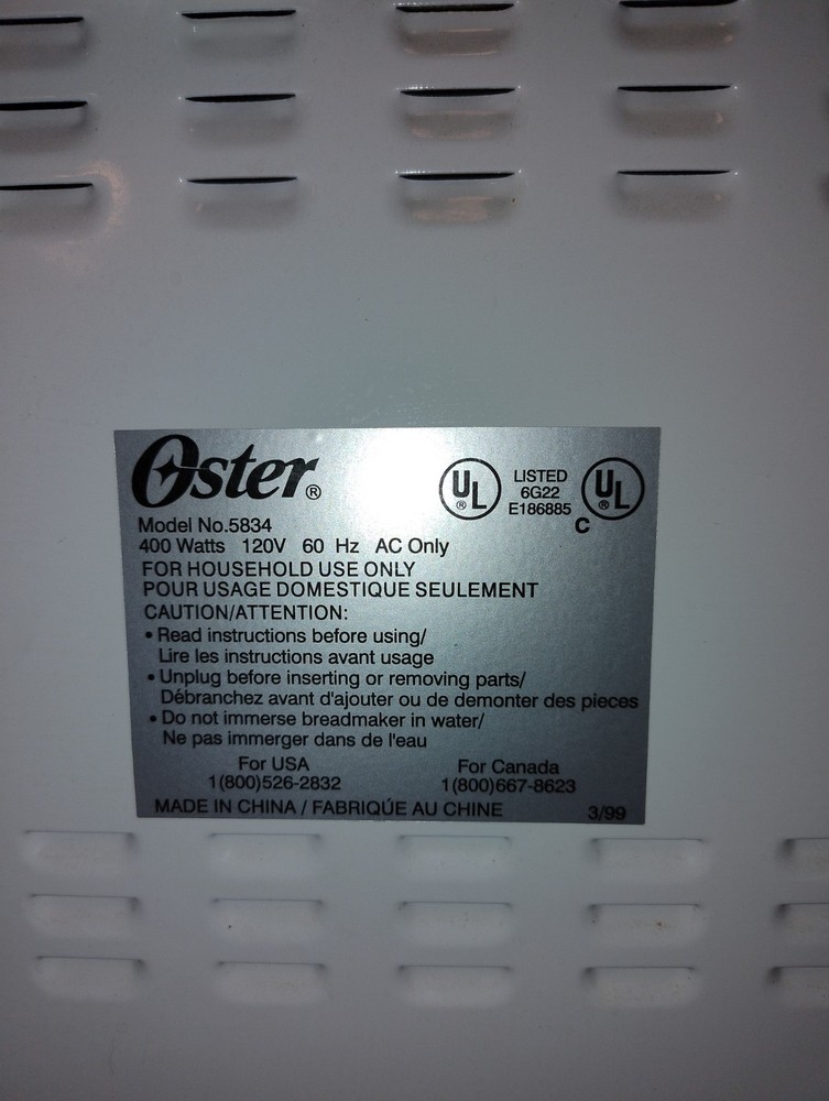 Oster Bread Machine 5834 With Manual READ DESCRIPTION