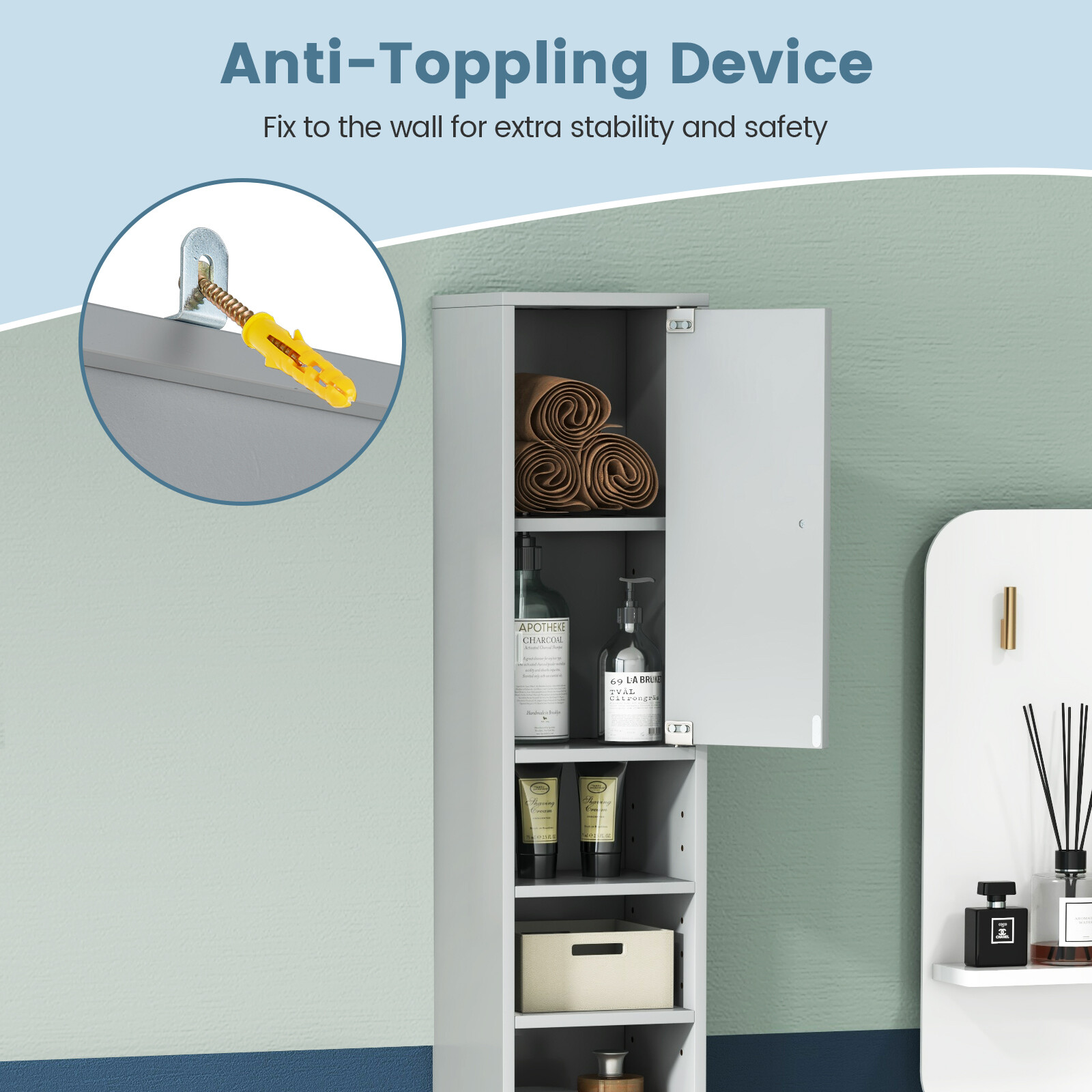 Tall Slim Bathroom Storage Cabinet Linen Tower w/Drawer Adjustable Shelves Gray