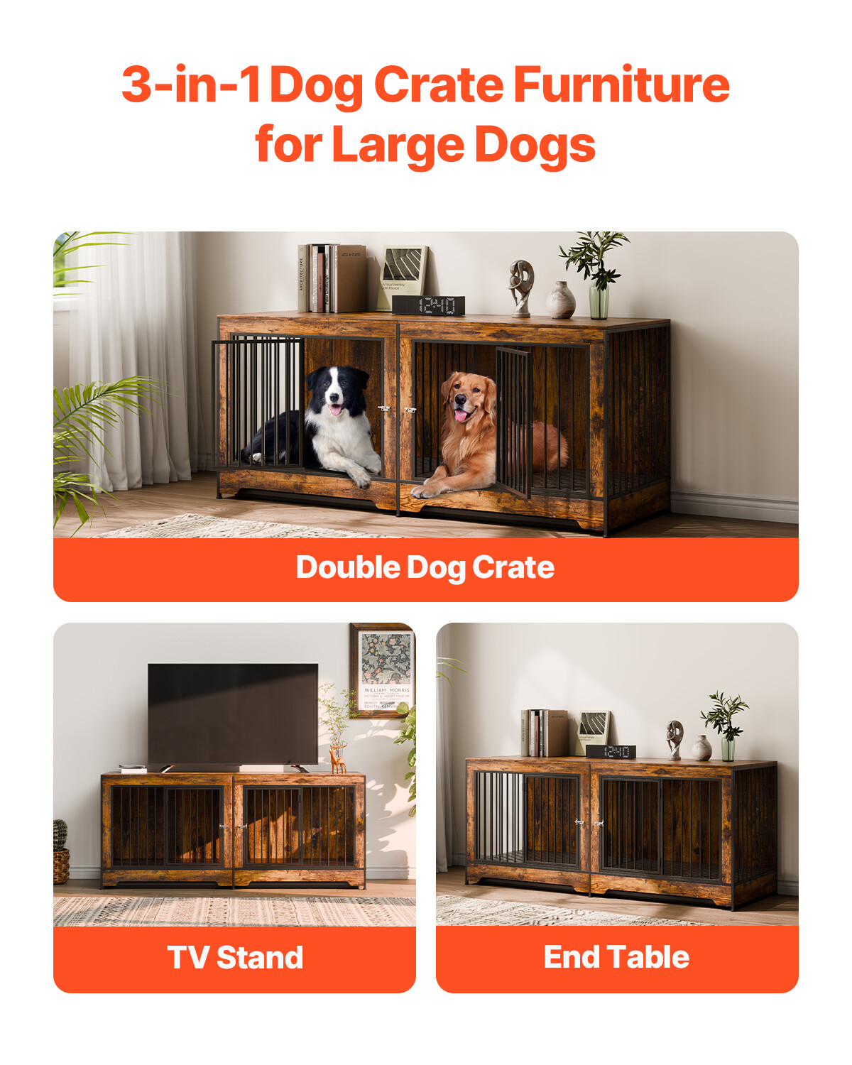Dog Crate Furniture 75 in Indoor Wooden Dog Kennel with Divider and Tray
