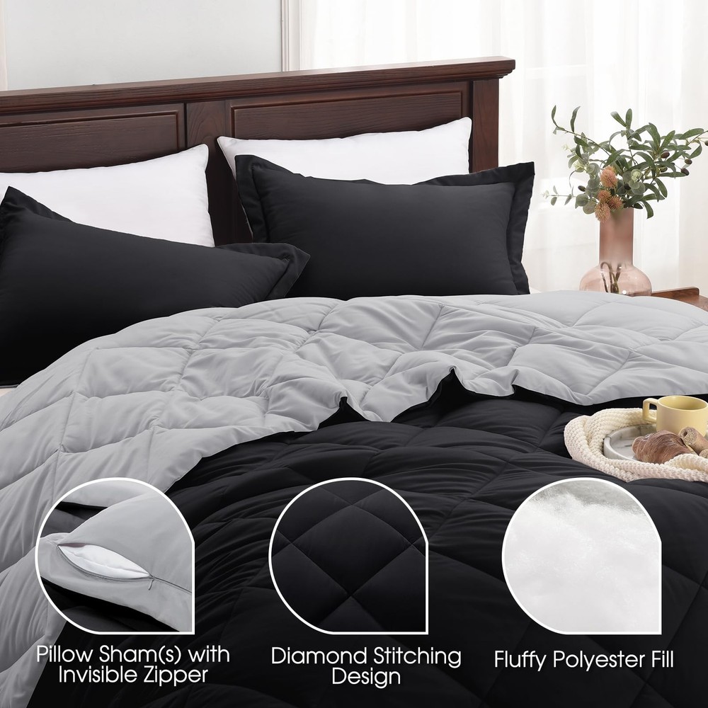King Size Comforter Set Black Comforter Set King, Reversible King Bed Comfor...