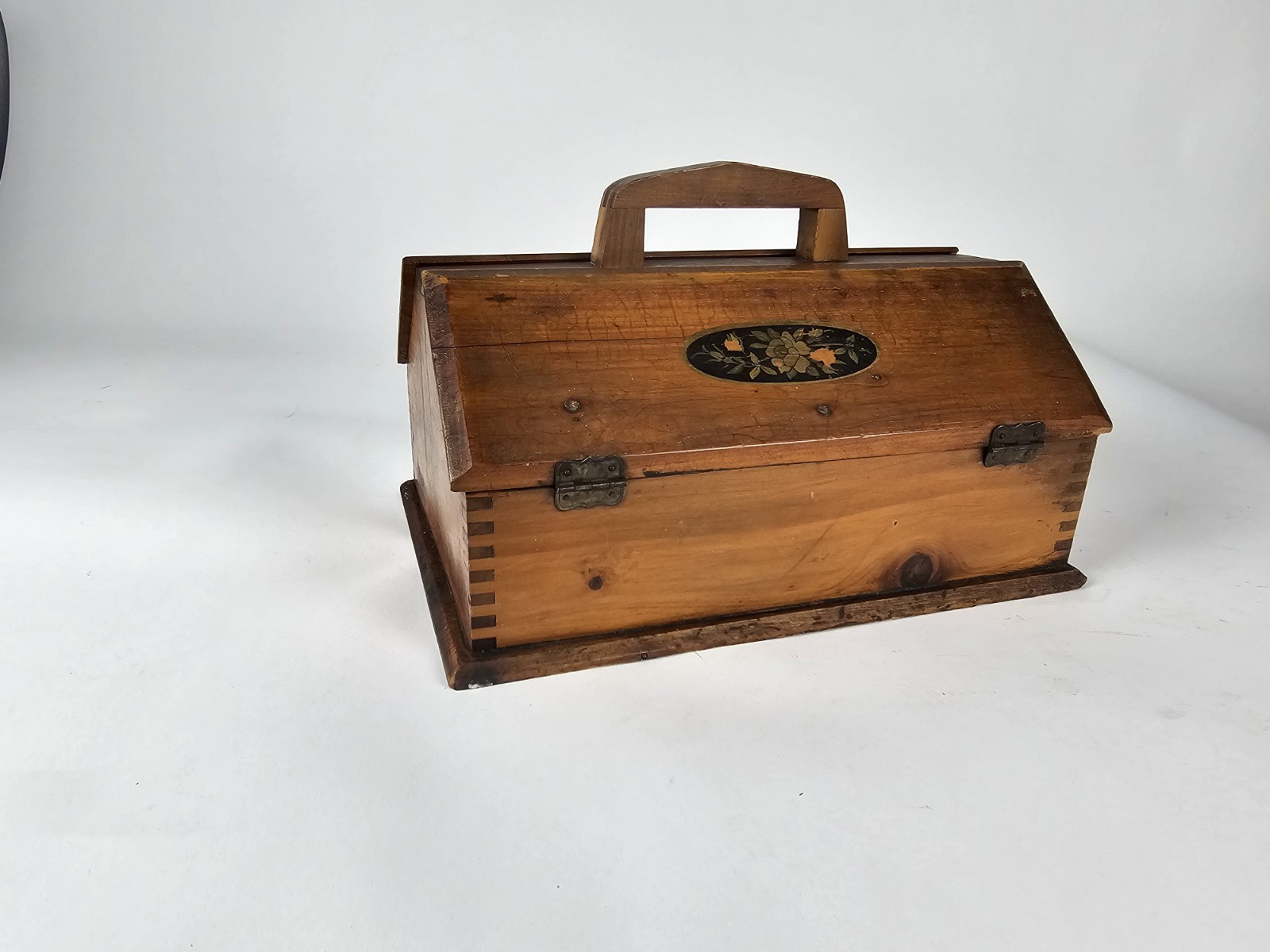 Vintage Wooden Sewing Jewelry Keepsake Box w Handle Floral Decal Craft Storage