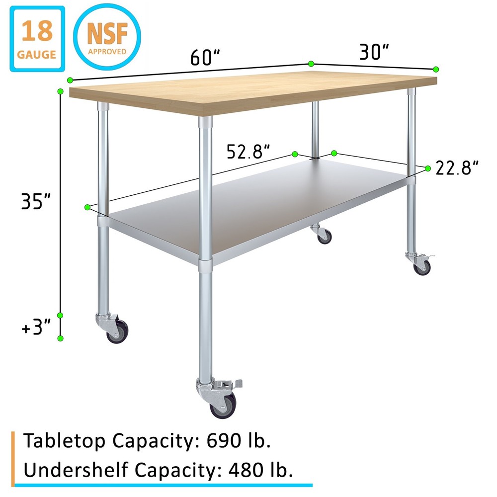 Heavy Duty Rolling Maple Wood Top Work Table with Wheels