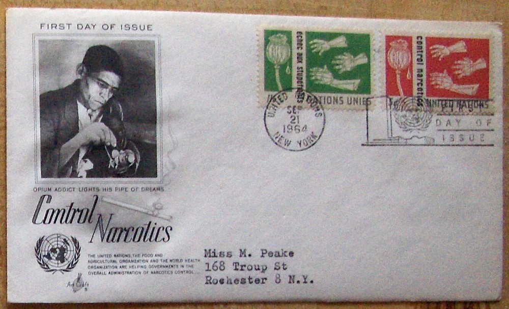 UN FDC CONTROL NARCOTICS NY 9/1964 with 2 stamps.