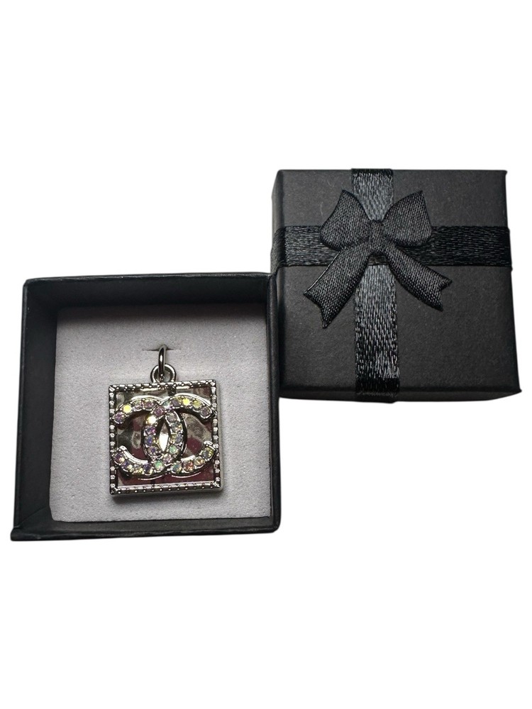 Chanel Silver Square Zipper Pull Charm with Iridescent Stone Logo