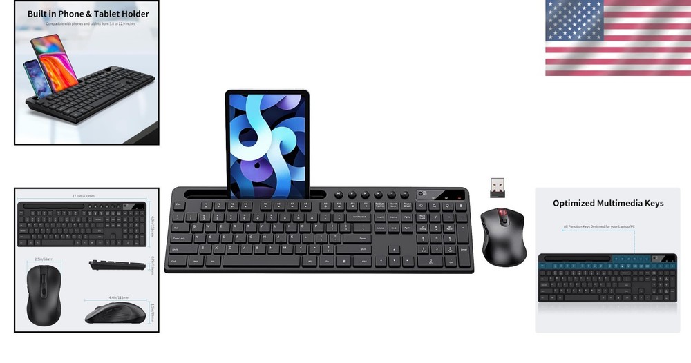 Ergonomic Wireless Keyboard & Mouse Combo with Tablet Holder - Black