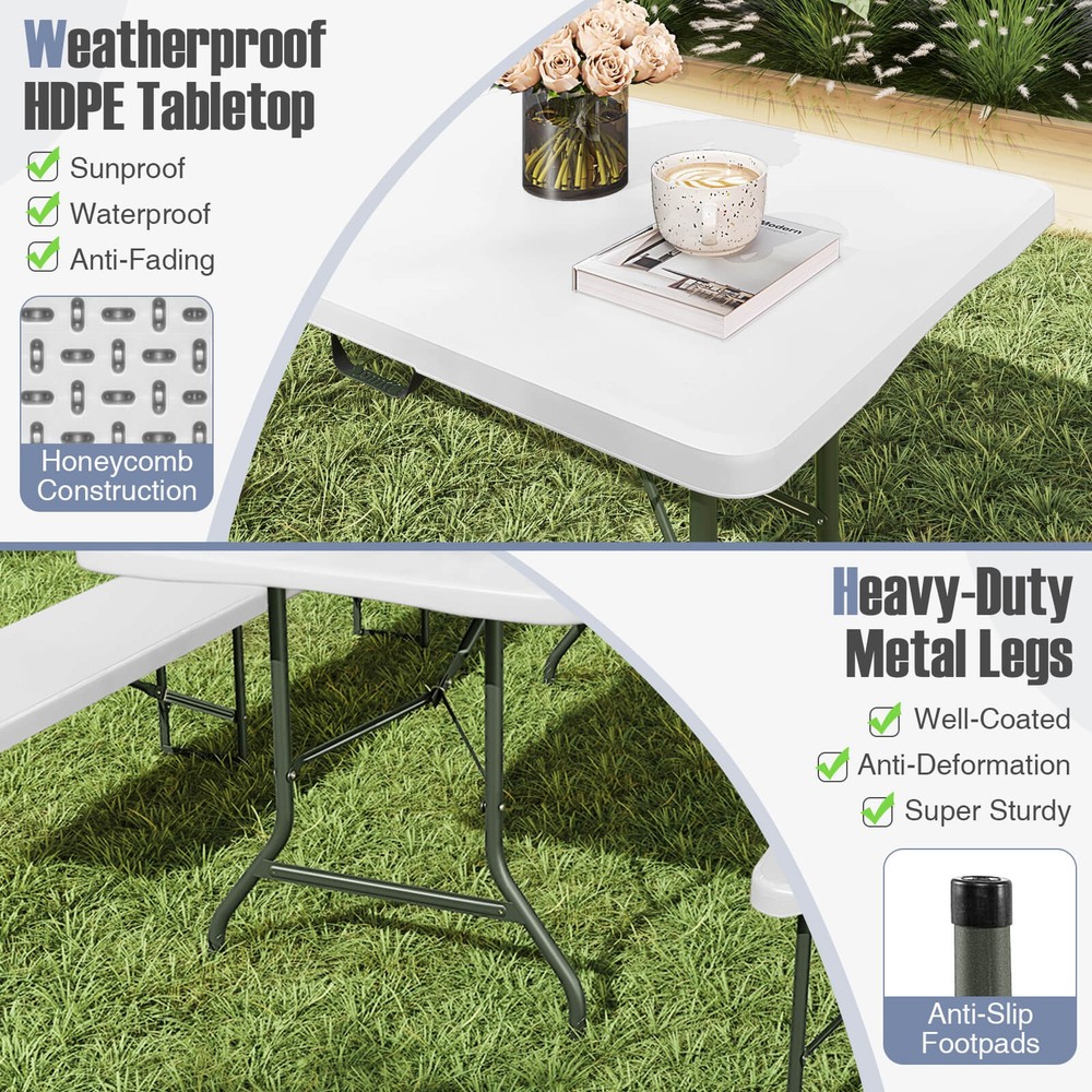 3 PCS Folding Picnic Table Set with 6 ft Table & 2 Benches HDPE Tabletop Bench